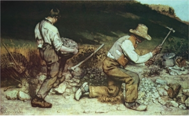   Gustave Courbet's The Stone Breakers (figure 19.21)  is considered Modern art because it: A)  Rejects academic conventions of subject matter B)  Rejects linear perspective C)  Draws attention to the light falling on the figures D)  Uses a dull color palette