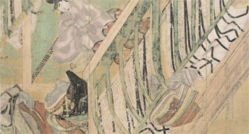   The detail from The Tale of Genji (figure 18.33)  shows how during the Heian period: A)  People meditated by sitting in rooms with little furniture B)  Men wore a lot of armor C)  Safety was ensured through bars on windows D)  Conduct and clothing were controlled