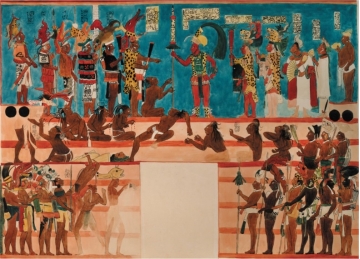   The Mayan mural from Bonampak, Mexico, which shows the presentation of captives to Lord Chan Muwan (figure 17.15) , most likely depicts: A)  The proceedings associated with the birth of a royal heir B)  The steps leading up to the ruler's palace C)  A Mayan method of linear perspective D)  All of these