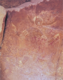   The running horned woman from Tassili n'Ajjer, Algeria (figure 16.6)  is an example of: A)  Rock art B)  A reliquary figure C)  A spirit spouse D)  An adinkra pattern