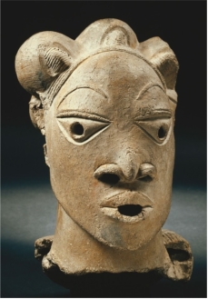   Nok heads (figure 16.7)  are characterized by: A)  Bold, stylized forms in stone B)  Naturalistic forms with holes in the mouths and eyes C)  Painted abstract faces D)  Bold, stylized forms in clay
