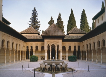   The Court of the Lions in the Alhambra (figure 16.22)  created an earthly paradise in a dry, hot climate. What religious themes were also present? A)  The garden of paradise and the concept that nothing is everlasting except God B)  Nothing is everlasting except God and the direction of prayer toward Mecca C)  Calligraphy praising God and the power of water D)  The scent of orange trees in the nearby gardens and ordered designs