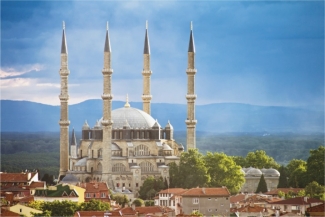   Sinan's Mosque of Sultan Selim II (figure 16.23)  features a centrally planned space with a huge dome, influenced by Byzantine churches. What was the dome's meaning? A)  Reaching up to God B)  Immortalizing the power of the Ottoman Emperor C)  Outdoing the Byzantines D)  Triumphing over enemies