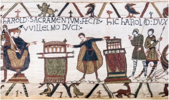     and contrast the image from the Bayeux Tapestry of Harold swearing a scared oath to William (figure 14.17) with the Limbourg brother's depiction of October (figure 14.25). In what way are the images similar and in what way are they different?