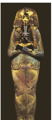     Pharaoh Khafre's sculpture (figure 13.20)  and the innermost coffin of Tutankhamun (figure 13.23)  look very similar, even though they were made over a thousand years apart. This is because: A)  Ka sculptures were a resting spot for the pharaoh's soul B)  Consistent conventions were believed to promote order C)  The sculptures ensured happiness in the afterlife D)  The sculptures depicted hieroglyphs