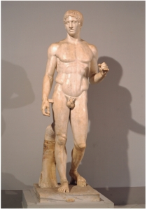     the Woman from Willendorf (figure 13.8) with the Spear Bearer (figure 13.29). How might we argue that both sculptures are idealized?