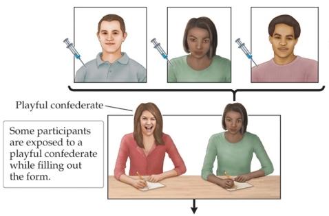Refer to the figure.   Based on the findings of Schachter's cognitive attribution model, the people shown receiving the injection of epinephrine are likely to report feeling _______ after filling out the form. A)  confused B)  elated C)  annoyed D)  frightened