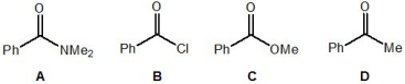 Rank the following molecules, A-D, in order of their relative electrophilicity (where 1 is the most electrophilic and 4 is the least electrophilic) :   A)  Molecule A B)  Molecule B C)  Molecule C D)  Molecule D