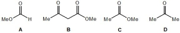 Rank the following molecules, A-D, in order of their ability to form enols (with 1 being most able and 4 the least able) :   A)  Molecule A B)  Molecule B C)  Molecule C D)  Molecule D