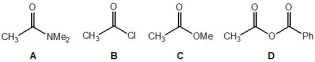 Rank the following molecules, A-D, in order of their relative acidity (where 1 is the most acidic and 4 is the least acidic) :   A)  Molecule A B)  Molecule B C)  Molecule C D)  Molecule D