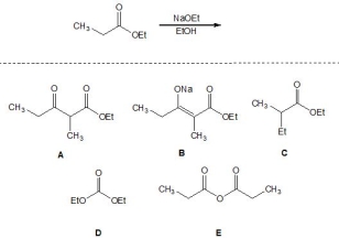 For the following Claisen reaction, pick out the product:   A)  A B)  B C)  C D)  D E)  E