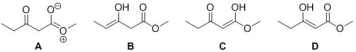 Identify the major enol of methyl 3-oxopentanoate.   A)  A B)  B C)  C D)  D