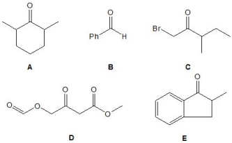 Match the given number of acidic hydrogen atoms to the following molecules A-E:    -No mildly acidic hydrogen atoms A)  Molecule B B)  Molecule E C)  Molecule A D)  Molecule C E)  Molecule D
