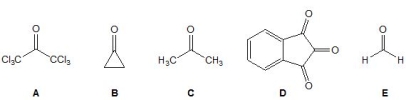 Which of the following carbonyl compounds, A-E, forms the least amount of hydrate in water?   A)  A B)  B C)  C D)  D E)  E