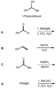 From the following reactions, A-D, pick out those which lead to the formation of 1-phenylethanol. Please select all that apply.   A)  A B)  B C)  C D)  D