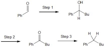 From the following sequence of reactions, match the reagents to steps 1-3:    -CrO<sub>3</sub>/H<sub>2</sub>SO<sub>4</sub> A)  Step 2 B)  Step 1 C)  Step 3