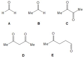 <strong>From the following carbonyl-containing molecules, A-E, pick out the one which has the greatest enol content:  </strong> A) A B) B C) C D) D E) E <div style=padding-top: 35px> 