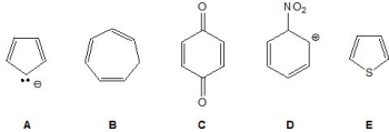 From the following species, A-E, pick out those which have uninterrupted (continuous)  conjugation. Please select all that apply.   A)  A B)  B C)  C D)  D E)  E
