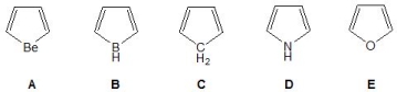 From the following molecules, A-E, pick out those which are aromatic. Please select all that apply.   A)  A B)  B C)  C D)  D E)  E