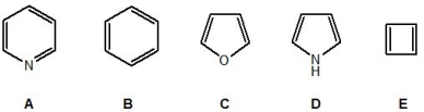 Which of the following compounds, A-E, exhibits the greatest resonance stabilisation?   A)  A B)  B C)  C D)  D E)  E