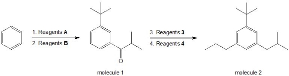 From the following sequence of reactions, match the reagents to steps 1-4:    -i-PrCOCl, AlCl<sub>3</sub> A)  Reagents 3 B)  Reagents 4 C)  Reagents B D)  Reagents A