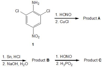 For the following reaction sequence, match the products, A-C, to the given structures.    -  A)  Product B B)  Product A C)  Product C