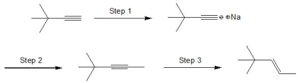 From the following reaction sequence, match the reagents to each step:    -NaNH<sub>2</sub> A)  Step 2 B)  Step 3 C)  Step 1