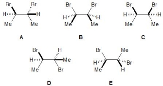 From the following molecules, pick out those which are meso. Please select all that apply.   A)  A B)  B C)  C D)  D E)  E