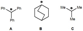 Which of the following carbocations is the most stable?   A)  A B)  B C)  C