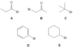 From the following bromides, pick out those which can react by a S<sub>N</sub>2 mechanism. Please select all that apply.   A)  A B)  B C)  C D)  D E)  E