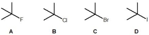 Which of the following alkyl halides has the fastest rate for a S<sub>N</sub>1 reaction?   A)  A B)  B C)  C D)  D E)  All of the above have the same rate of reaction