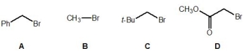 Which of the following alkyl bromides can react with a base in an E2 elimination?   A)  A B)  B C)  C D)  D E)  None of these substrates are capable of E2 elimination