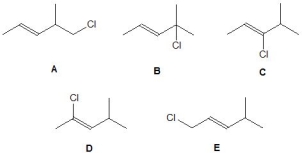 From the following chlorides, pick out those which are capable of undergoing S<sub>N</sub>1 or S<sub>N</sub>2 reactions. Please select all that apply.   A)  A B)  B C)  C D)  D E)  E
