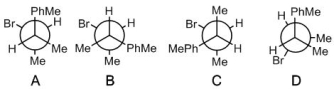 Which of the following Newman projections depicts the most reactive conformation of ((2S,3R) -3-bromobutan-2-yl) benzene for undergoing E2 elimination?   Redraw instructions from author: The PhMe groups on the four structures below should be Ph (i.e. remove the Me)  A)  A B)  B C)  C D)  D