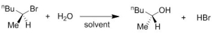 For the reaction shown, which one of the following statements is correct.   A)  This is an S<sub>N</sub>2 reaction which is accelerated in non-polar solvent. B)  This is an S<sub>N</sub>2 reaction which is accelerated in polar solvent. C)  This is an S<sub>N</sub>1 reaction which is accelerated in non-polar solvent. D)  This is an S<sub>N</sub>1 reaction which is accelerated in polar solvent.