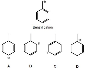 Which of the following structures do not contribute to the resonance hybrid of a benzyl cation? Please select all that apply.   A)  A B)  B C)  C D)  D