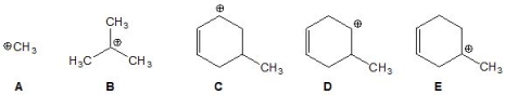 From the following carbocations, pick out the most stable:   A)  A B)  B C)  C D)  D E)  E