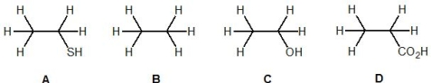 Match the following acids to their acidity constant, K<sub>a</sub> (in water) :    -K<sub>a</sub> = 10<sup>-5</sup> A)  D B)  A C)  C D)  B