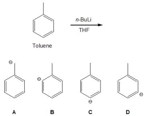 Toluene can be deprotonated using n-BuLi in THF; pick out its conjugate base:   A)  A B)  B C)  C D)  D