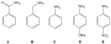 From the following molecules, pick out the strongest base:   A)  A B)  B C)  C D)  D E)  E