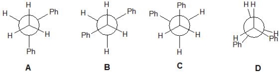 Pick out the Newman projection which represents the most stable conformation of 1,2-diphenylethane:   A)  A B)  B C)  C D)  D