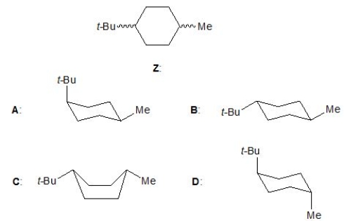 For the following conformers, A-D, pick out the one which represents the most stable conformer of molecule Z:   A)  A B)  B C)  C D)  D