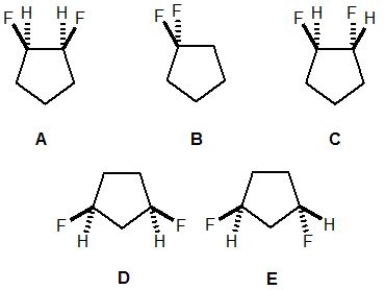 From the following molecules, A-E, pick out the one which is achiral:   A)  Molecule A B)  Molecule B C)  Molecule C D)  Molecule D E)  Molecule E