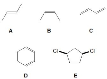 From the following molecules, A-E, pick out those with a plane of symmetry. Please select all that apply.   A)  MoleculeA B)  Molecule B C)  Molecule C D)  Molecule D E)  Molecule E