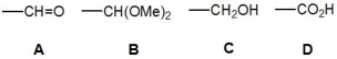 Using the Cahn-Ingold-Prelog (CIP)  nomenclature, arrange the following groups, A-D, in order of decreasing priority (highest priority at the left) :   A)  A > C > B > D B)  D > A > B > C C)  B > A > D > C D)  C > A > B > D E)  D > B > A > C