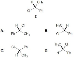 For the following molecule, Z, pick out its enantiomer from molecules A-D:   A)  A B)  B C)  C D)  D