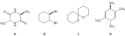 From the following molecules, A-D, pick out those that are chiral. Please select all that apply.   A)  Molecule A B)  Molecule B C)  Molecule C D)  Molecule D