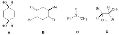 From the following molecules, A-D, pick out the one which is chiral and contains at least one chiral centre:   A)  Molecule A B)  Molecule B C)  Molecule C D)  MoleculeD