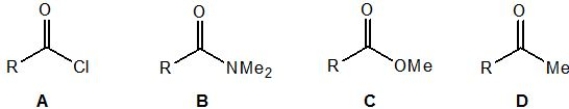 Match the following aliphatic molecules to their infrared carbonyl stretching frequency:    -1815 cm<sup>-1</sup> A)  A B)  C C)  D D)  B