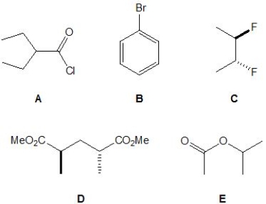From the following molecules, pick out those which do not have four proton signals in their <sup>1</sup>H NMR spectrum. Please select all that apply.   A)  A. B)  B. C)  C. D)  D. E)  E.